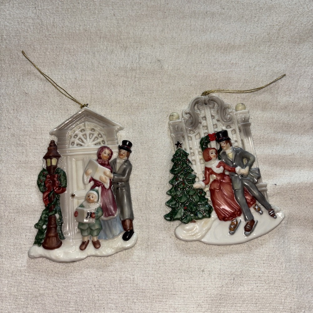 Porcelain 2pc Christmas Ornaments Old‎ Time Caroling Ice Skating Two Sided
